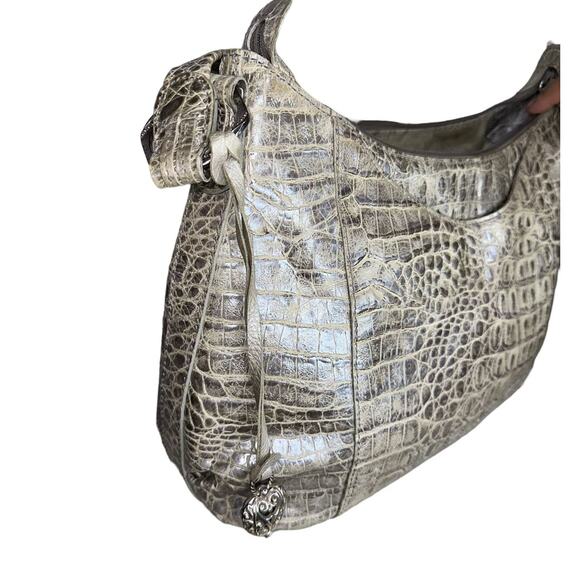 Brighton Croc Embossed Beige Green Metallic Hand Bag Hobo Shoulder Purse - Picture 3 of 11